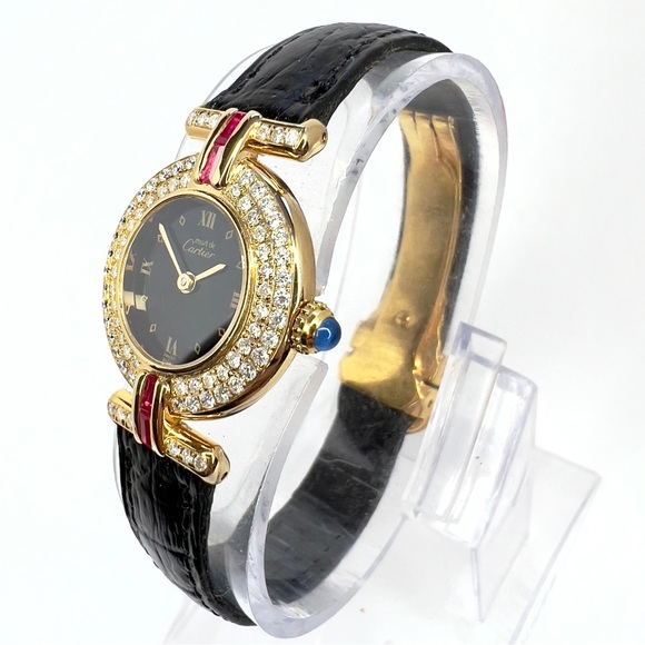 CARTIER VERMEIL COLISEE Quartz 24mm GP Silver .87TCW DIAMONDS & Red Rubies Watch